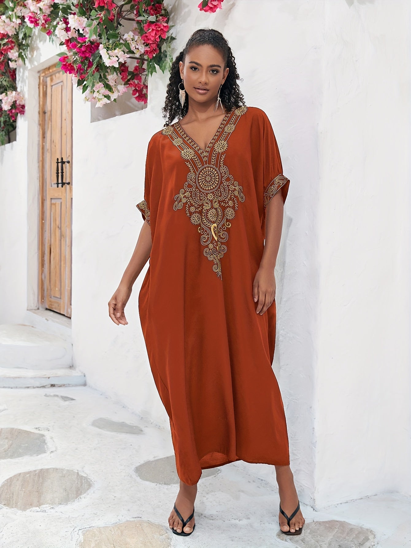 Plus Size Boho Maxi Dress for Ramadan, Women's V Neck Geometric Print Kaftan with Batwing Sleeves - Flexi Africa - Free Delivery Worldwide only at www.flexiafrica.com