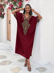 Plus Size Boho Maxi Dress for Ramadan, Women's V Neck Geometric Print Kaftan with Batwing Sleeves - Free Delivery Worldwide only at Flexi Africa