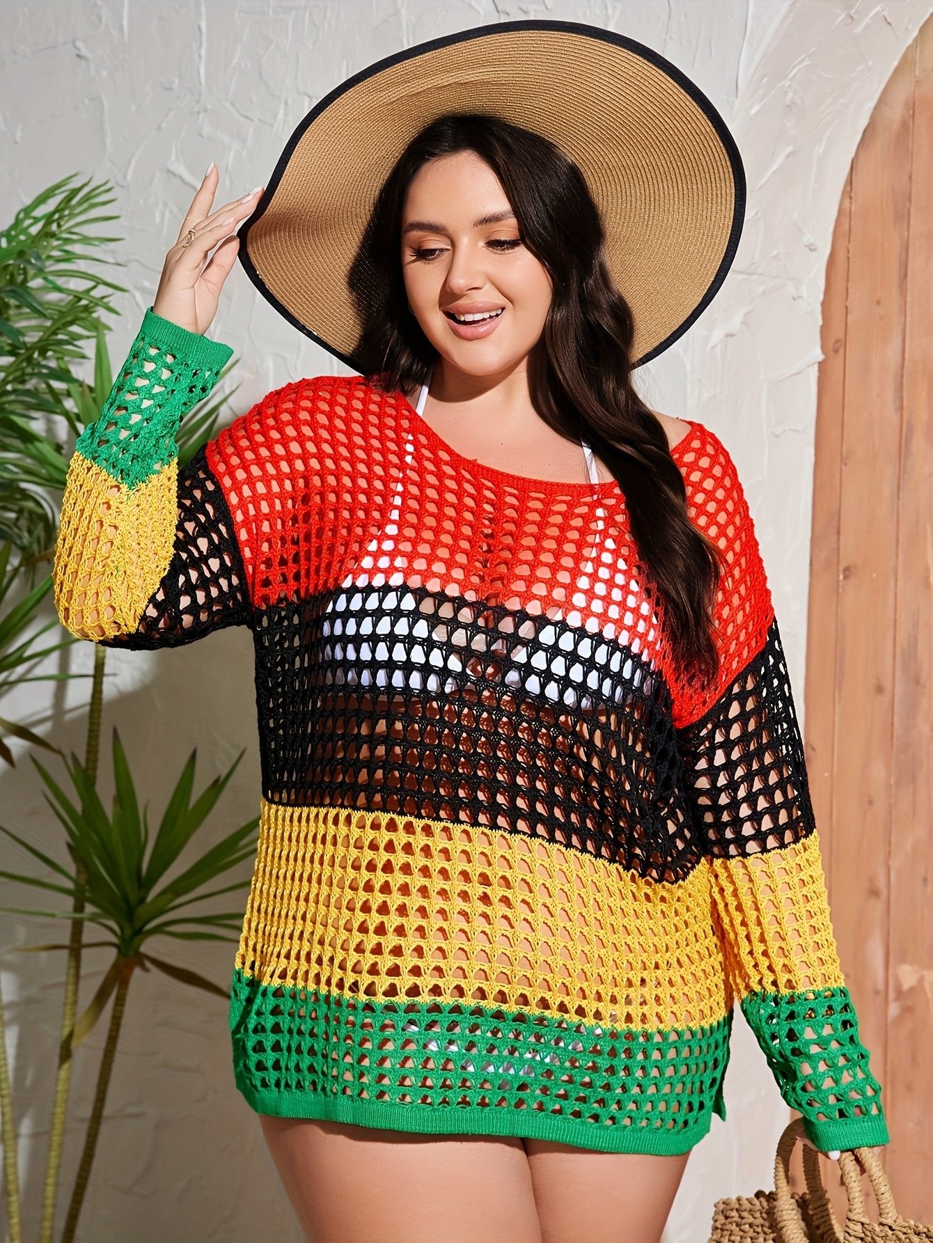 Plus Size Colorblock Striped Crochet Top - Casual Cut Out Long Sleeve Knitted Top for Women - Flexi Africa - Free Delivery Worldwide only at www.flexiafrica.com