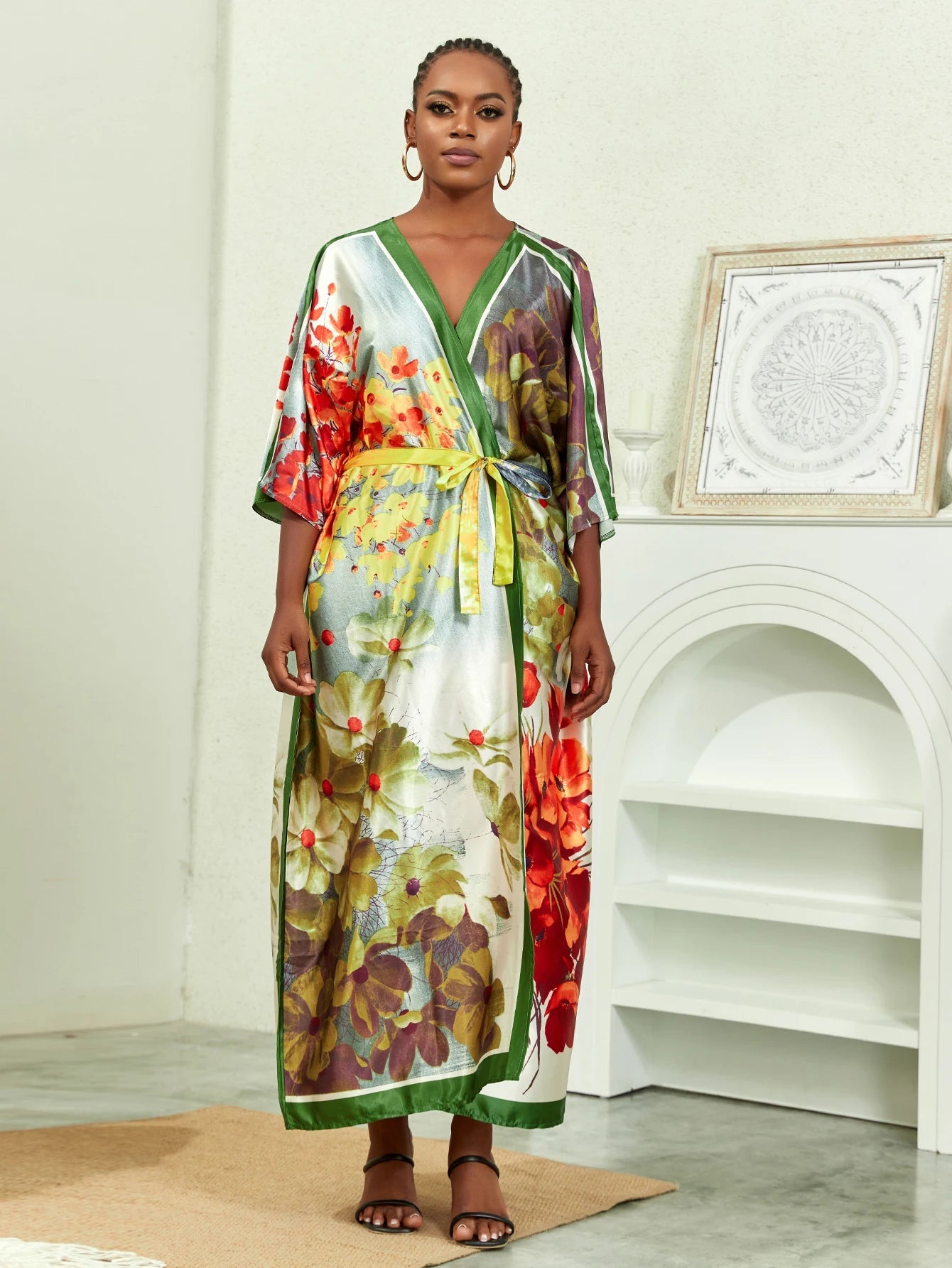 Plus Size Elegant Kimono, Women's Plus Solid Satin Half Sleeve Open Front Belted Kimono Cover Up - Flexi Africa - Free Delivery Worldwide only at www.flexiafrica.com