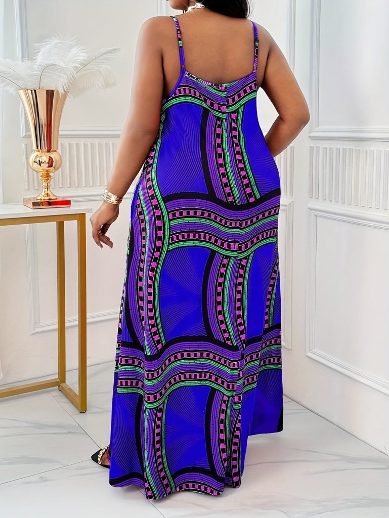 Plus Size Elegant Printed Maxi Dress with Straps & Pockets – Spring Summer Style - Free Delivery Worldwide only at Flexi Africa
