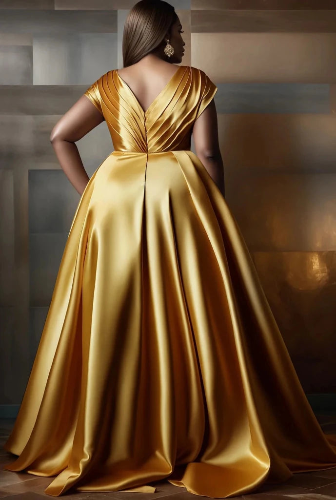 Plus Size Formal Evening Satin Dress Elegant Tierred V - Neck Sleeveless Gold Luxury High Waist A - Line Party Wedding Maxi Dresses - Free Delivery Worldwide only at Flexi Africa