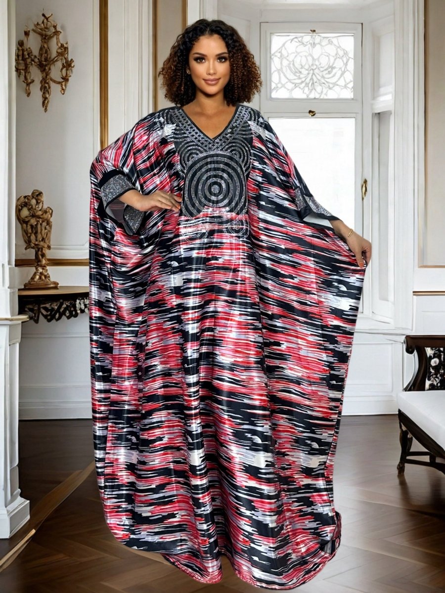 Plus Size Geometric Print Maxi Kaftan – V - Neck, Long Sleeve, Rhinestone Detail, Glossy Finish - Free Delivery Worldwide only at Flexi Africa