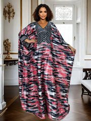 Plus Size Geometric Print Maxi Kaftan – V - Neck, Long Sleeve, Rhinestone Detail, Glossy Finish - Free Delivery Worldwide only at Flexi Africa