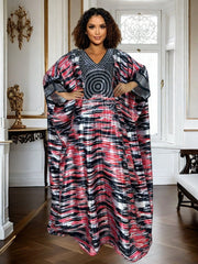 Plus Size Geometric Print Maxi Kaftan – V - Neck, Long Sleeve, Rhinestone Detail, Glossy Finish - Free Delivery Worldwide only at Flexi Africa