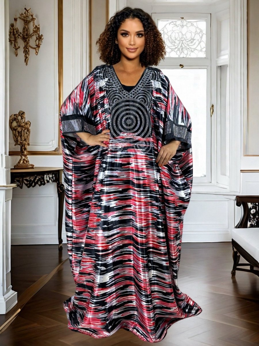 Plus Size Geometric Print Maxi Kaftan – V - Neck, Long Sleeve, Rhinestone Detail, Glossy Finish - Free Delivery Worldwide only at Flexi Africa