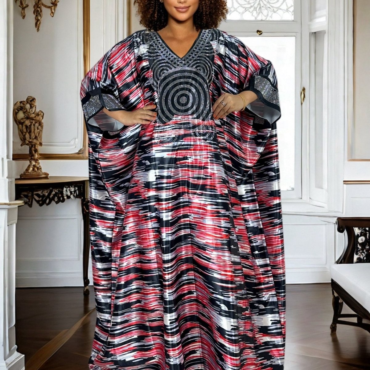 Plus Size Geometric Print Maxi Kaftan – V - Neck, Long Sleeve, Rhinestone Detail, Glossy Finish - Free Delivery Worldwide only at Flexi Africa