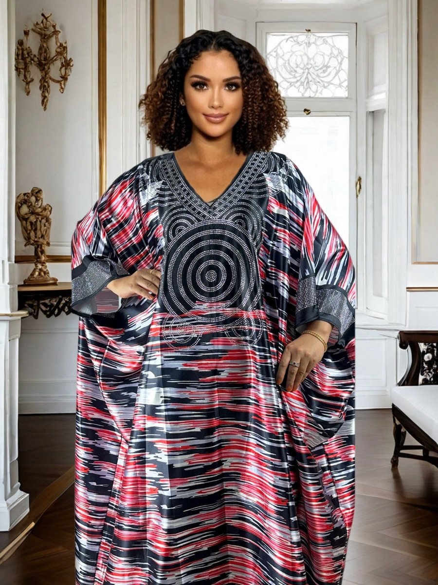 Plus Size Geometric Print Maxi Kaftan – V - Neck, Long Sleeve, Rhinestone Detail, Glossy Finish - Free Delivery Worldwide only at Flexi Africa