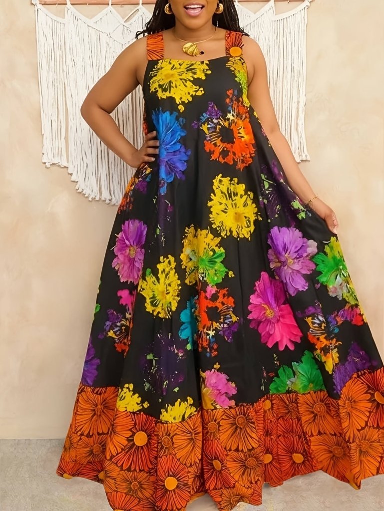 Plus Size Geometric Print Sleeveless Tunic Dress – Square Neck Loose Casual Spring & Fall Fashion - Free Delivery Worldwide only at Flexi Africa