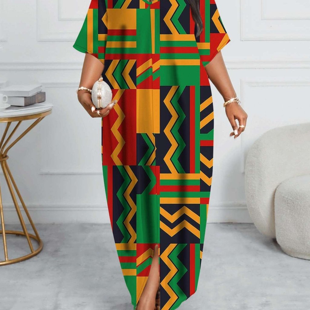 Plus Size Kente - Inspired Geometric African Print Dress - Free Delivery Worldwide only at Flexi Africa
