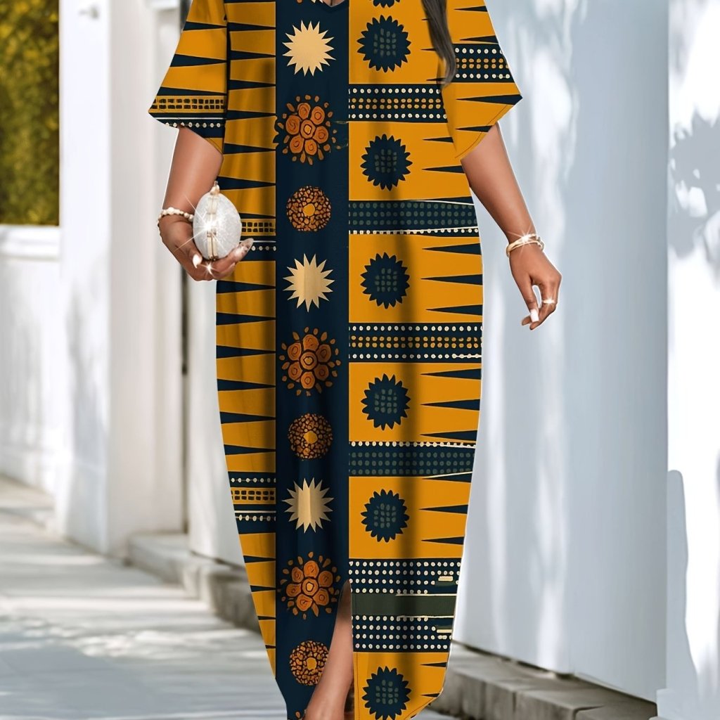 Plus Size V - Neck African Print Maxi Dress – Short Sleeve Design - Free Delivery Worldwide only at Flexi Africa