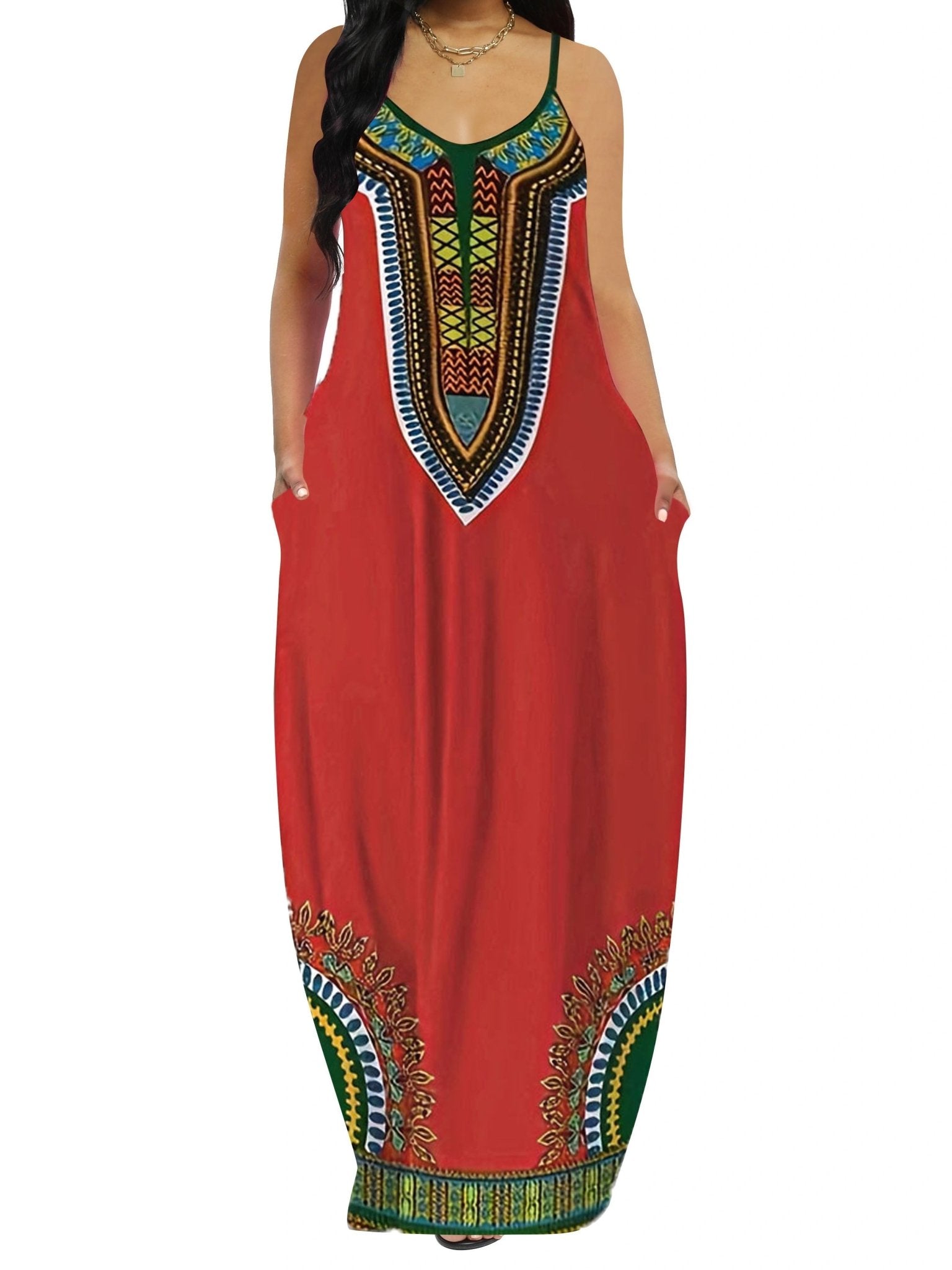Plus Size Woman Print Cami Dress, Casual Pocket Long Length Strap Dress - Flexi Africa - Free Delivery Worldwide only at www.flexiafrica.com