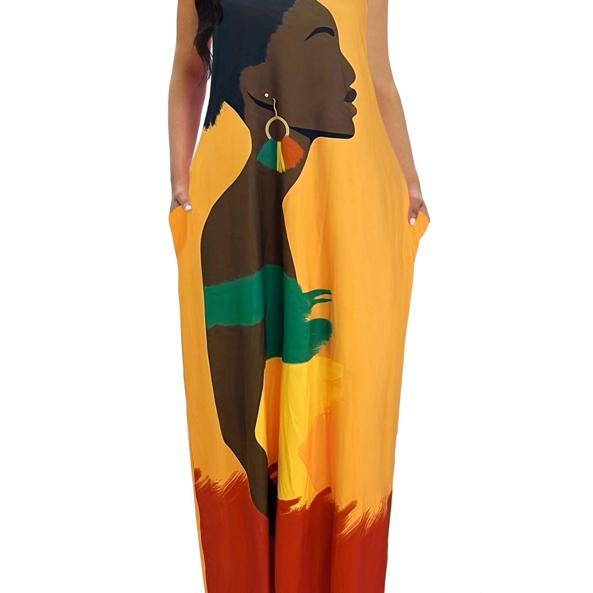 Plus Size Woman Print Cami Dress, Casual Pocket Long Length Strap Dress - Flexi Africa - Free Delivery Worldwide only at www.flexiafrica.com