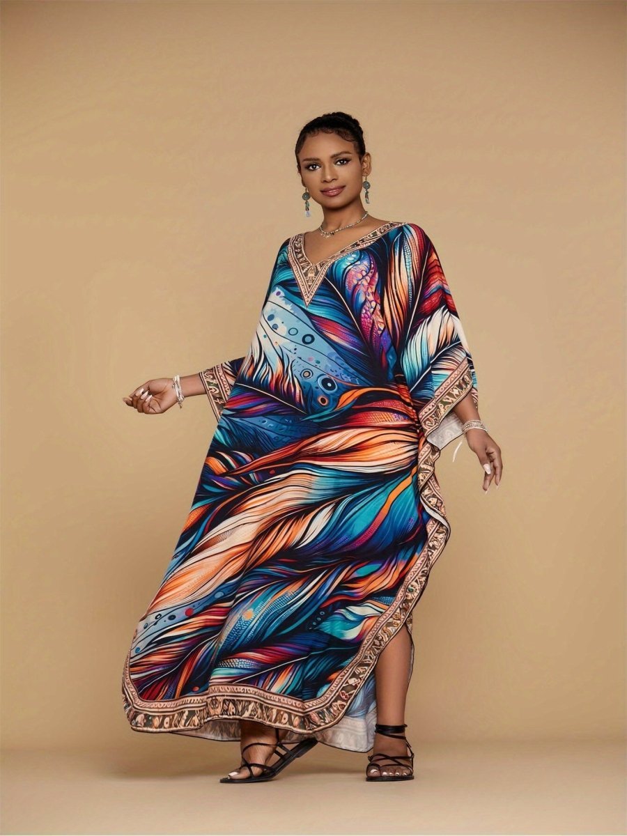 Plus Size Women's Comfortable Printed Kaftan Dress - Loose - Fitting Bohemian V - Neck Beach Cover - Up with Ethnic Style - Free Delivery Worldwide only at Flexi Africa