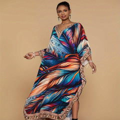 Plus Size Women's Comfortable Printed Kaftan Dress - Loose - Fitting Bohemian V - Neck Beach Cover - Up with Ethnic Style - Free Delivery Worldwide only at Flexi Africa