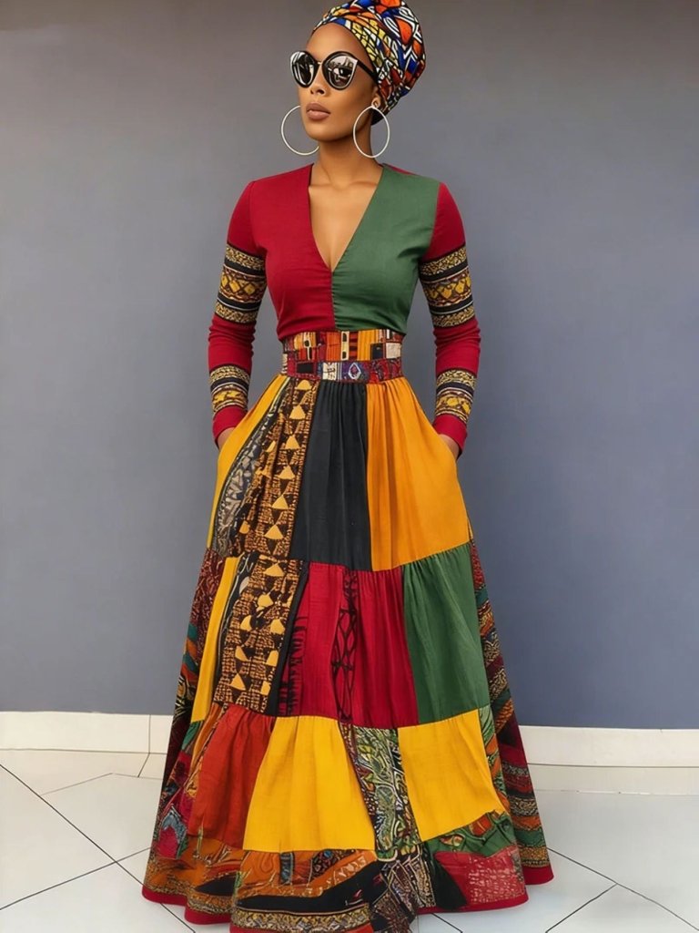 Plus Size Women’s Hooded V - Neck Maxi Dress – African - Inspired Boho Style with Long Sleeves & Flowy A - Line Skirt - Free Delivery Worldwide only at Flexi Africa