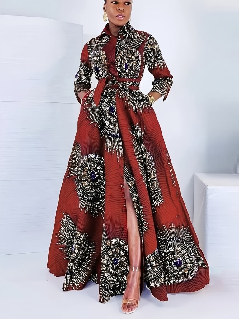 Plus Size Women’s Long - Sleeve A - Line Dress – Large Lapel, Full - Body Print & Belted Waist - Free Delivery Worldwide only at Flexi Africa