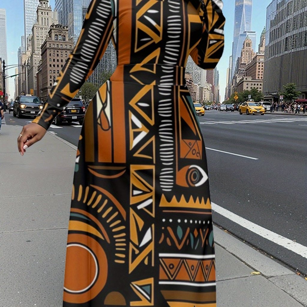 Plus Size Women’s Long Sleeve Maxi Dress | African Print | Fitted Top, Flowy Skirt | Stretch Fabric - Free Delivery Worldwide only at Flexi Africa