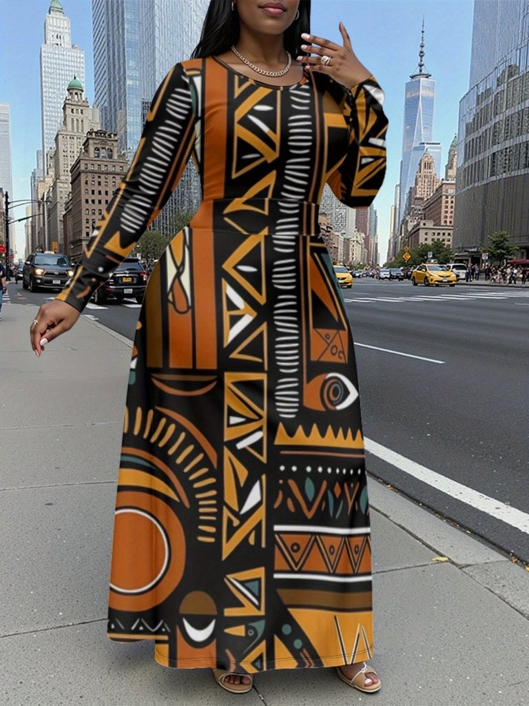Plus Size Women’s Long Sleeve Maxi Dress | African Print | Fitted Top, Flowy Skirt | Stretch Fabric - Free Delivery Worldwide only at Flexi Africa