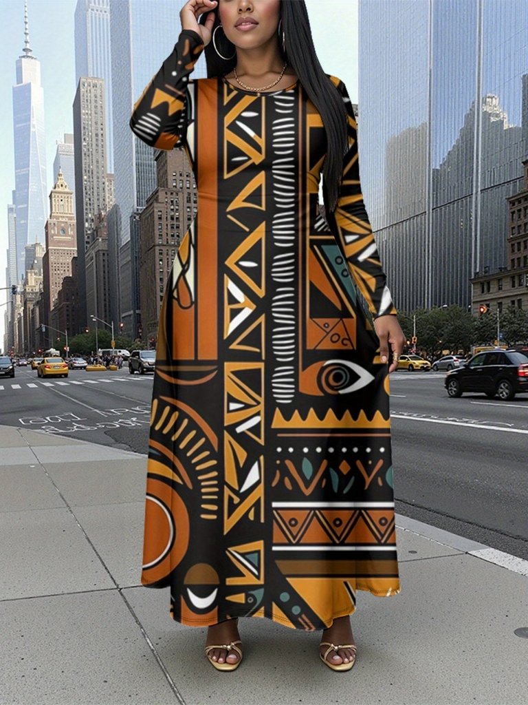 Plus Size Women’s Long Sleeve Maxi Dress | African Print | Fitted Top, Flowy Skirt | Stretch Fabric - Free Delivery Worldwide only at Flexi Africa