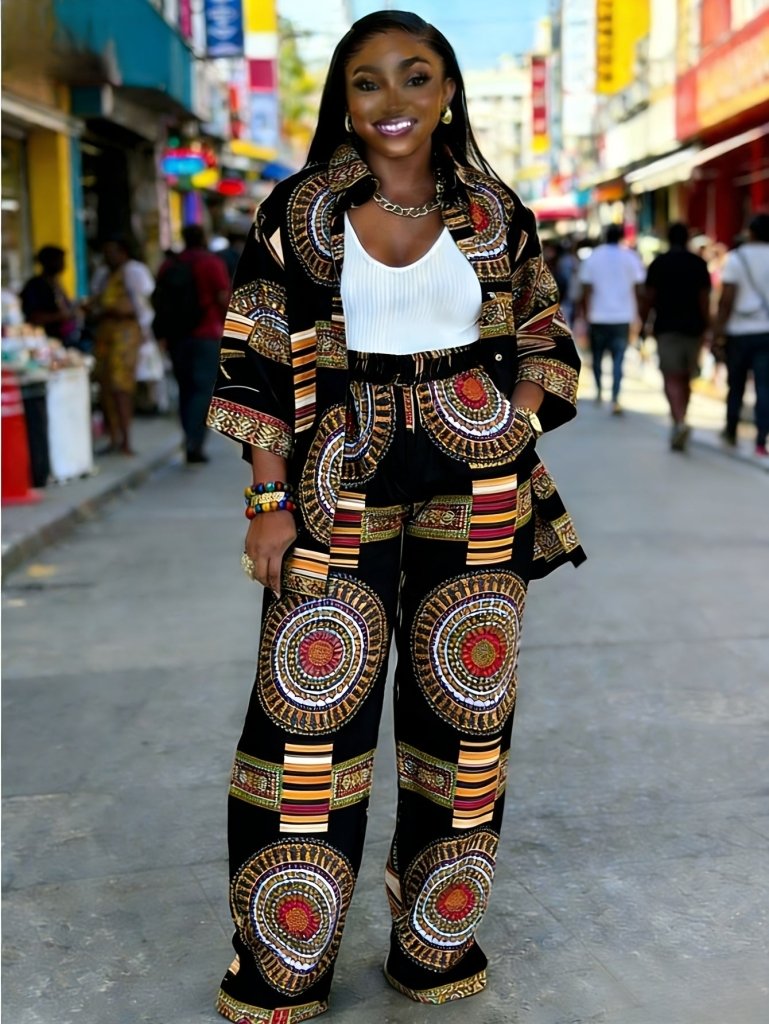 Plus Size Women’s Printed Suit Set (XL–8XL) – Casual Long Sleeve Top & Pants Outfit, Soft Stretch Fabric - Free Delivery Worldwide only at Flexi Africa