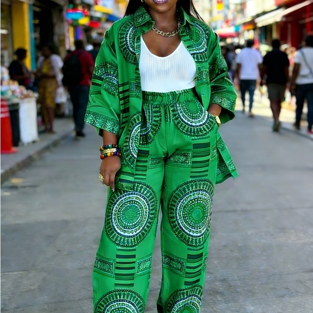 Plus Size Women’s Printed Suit Set (XL–8XL) – Casual Long Sleeve Top & Pants Outfit, Soft Stretch Fabric - Free Delivery Worldwide only at Flexi Africa