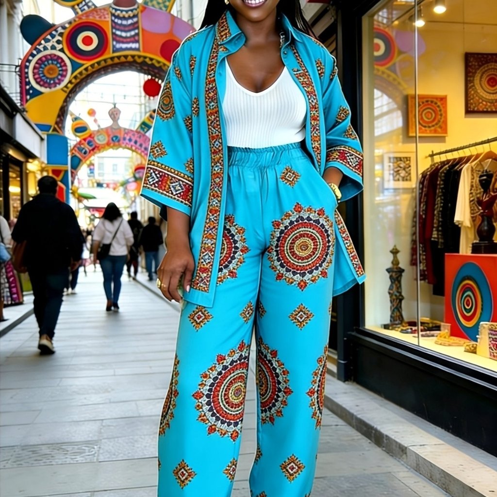 Plus Size Women’s Printed Suit Set (XL–8XL) – Fashionable Long Sleeve Casual Top & Pants Outfit - Free Delivery Worldwide only at Flexi Africa