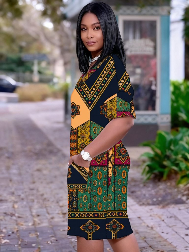 Plus Size Women’s V - Neck Dashiki Dress | Black African Print with Yellow, Green, Red & Orange Accents | Casual & Party Wear - Free Delivery Worldwide only at Flexi Africa