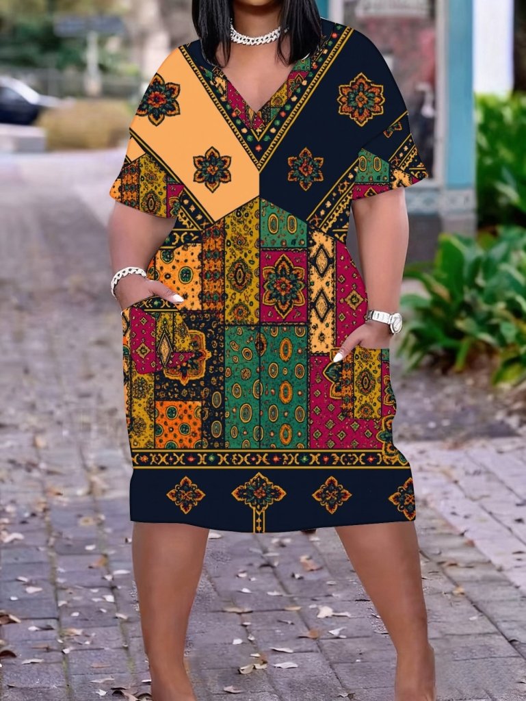 Plus Size Women’s V - Neck Dashiki Dress | Black African Print with Yellow, Green, Red & Orange Accents | Casual & Party Wear - Free Delivery Worldwide only at Flexi Africa