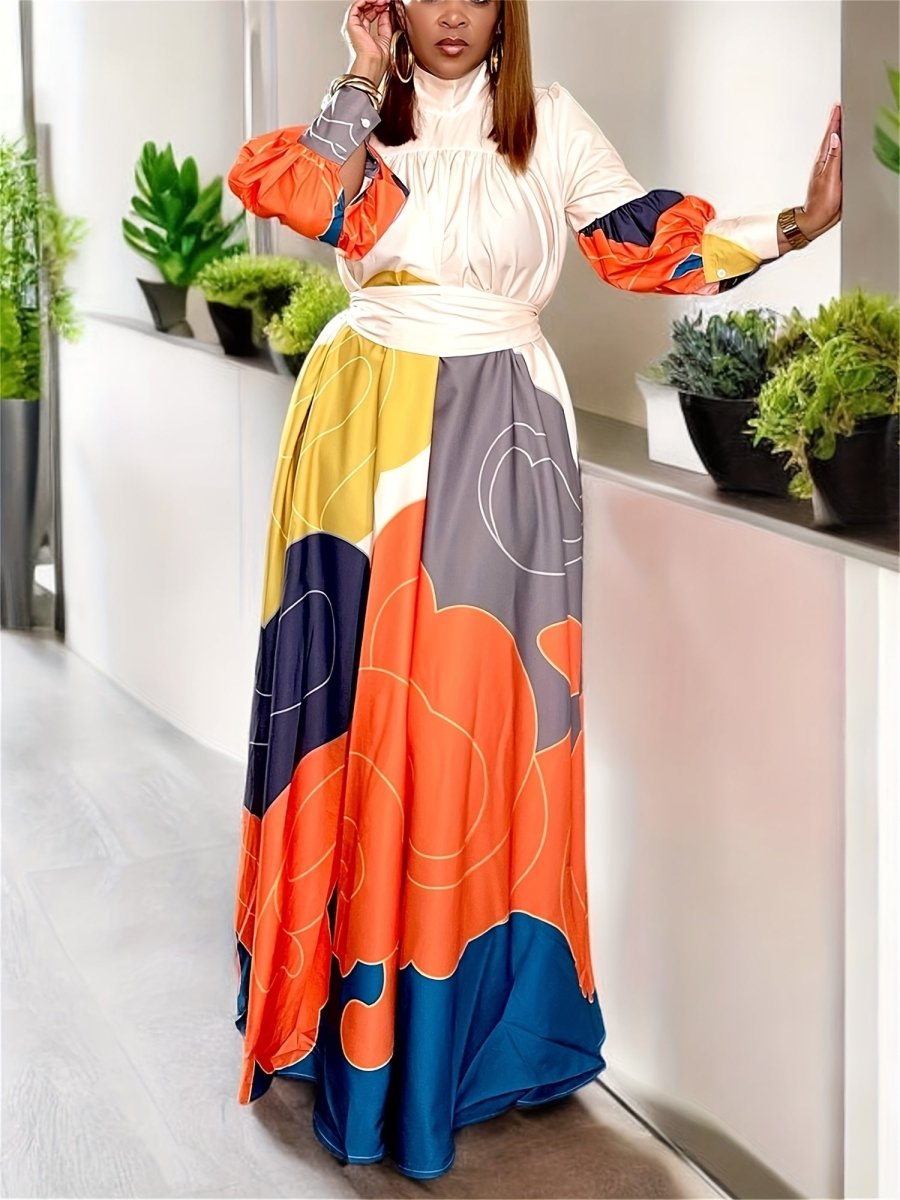 Print Shirred Shift Maxi Dress with High Neck & Puff Long Sleeves – Casual & Elegant Fall/Winter Dress - Free Delivery Worldwide only at Flexi Africa