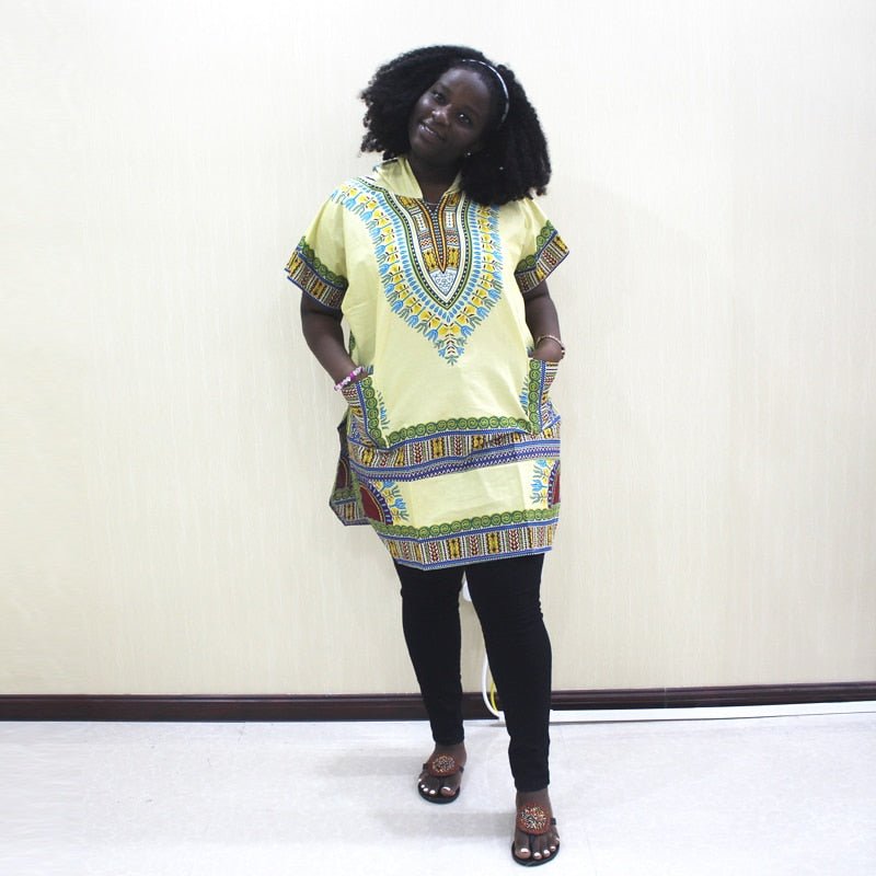 Radiant in Yellow: Authentic 100% Cotton African Dashiki for Women Dashikiage - Flexi Africa offers Free Delivery Worldwide
