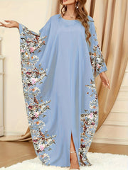 Ramadan Floral Print Crew Neck Kaftan, Elegant Batwing Sleeve Split Maxi Dress - Free Delivery Worldwide only at Flexi Africa