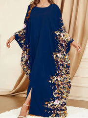 Ramadan Floral Print Crew Neck Kaftan, Elegant Batwing Sleeve Split Maxi Dress - Free Delivery Worldwide only at Flexi Africa