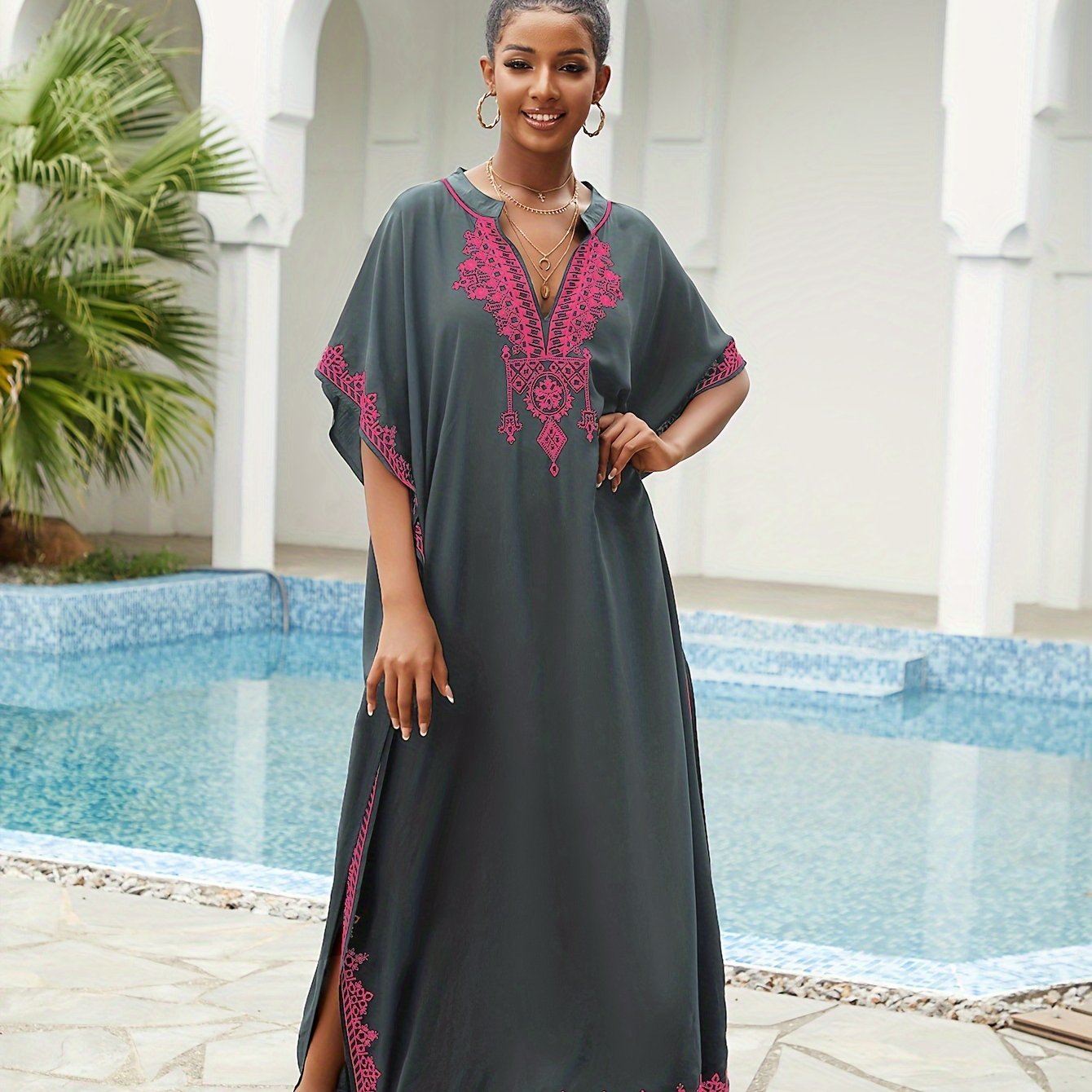 Ramadan Plus Size Boho Kaftan Dress - Golden Embroidered Bat Sleeve Notched Neck Maxi Cover Up Dress - Flexi Africa - Free Delivery Worldwide only at www.flexiafrica.com