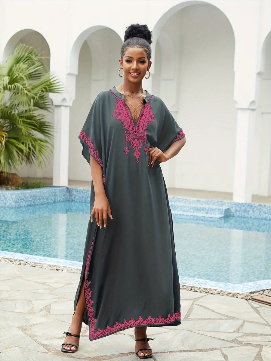 Ramadan Plus Size Boho Kaftan Dress - Golden Embroidered Bat Sleeve Notched Neck Maxi Cover Up Dress - Free Delivery Worldwide only at Flexi Africa