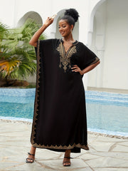 Ramadan Plus Size Boho Kaftan Dress - Golden Embroidered Bat Sleeve Notched Neck Maxi Cover Up Dress - Free Delivery Worldwide only at Flexi Africa