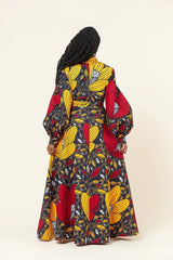 Red Yellow Plus Size African Ankara Print Long Shirt Dress with Free Headwrap and Nose Mask Flexi Africa www.flexiafrica.com