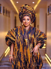 Regal Radiance: African Hot Gold Jacquard Fabric Loose Dress Flexi Africa Free Delivery Worldwide only at www.flexiafrica.com