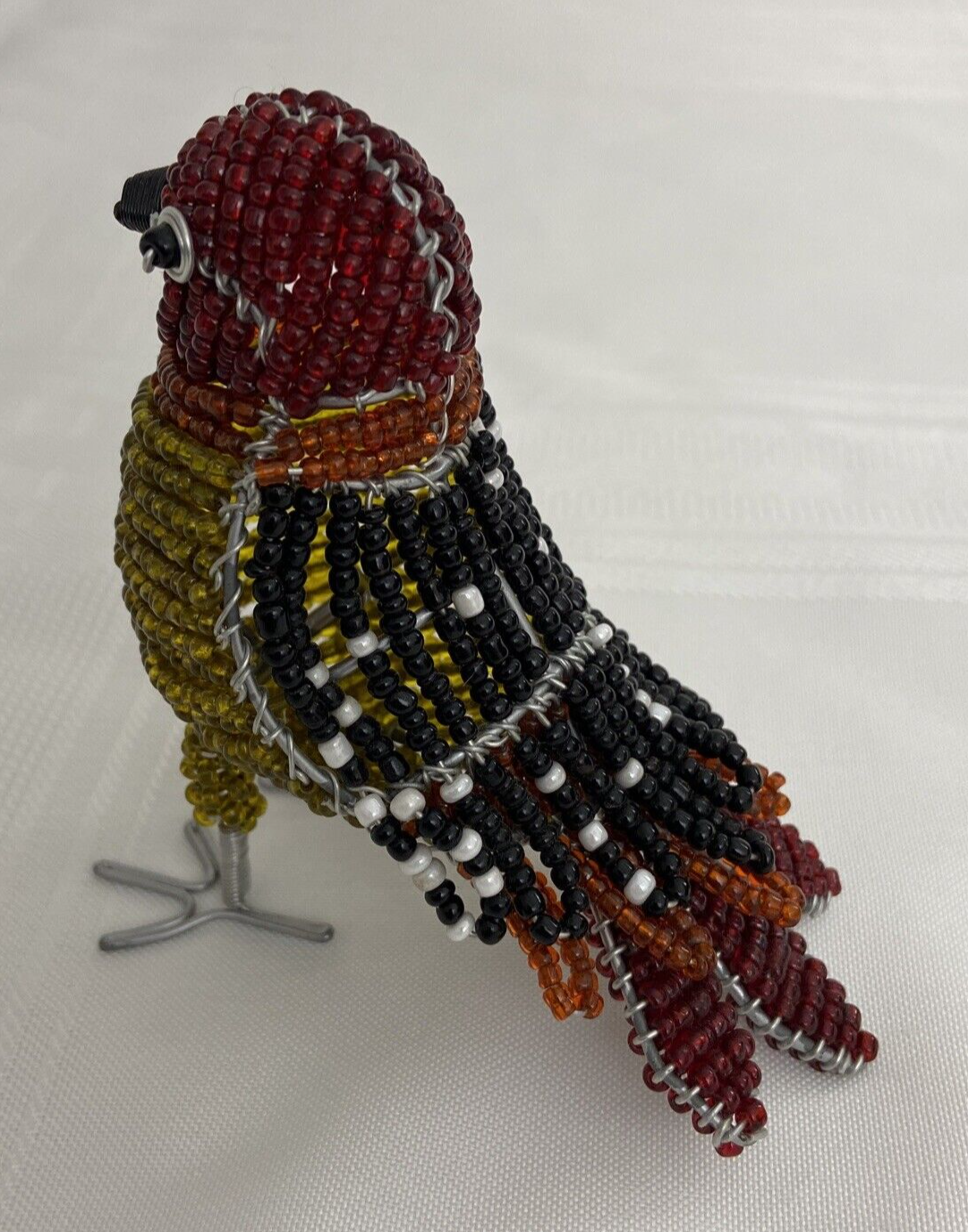 Handmade Beaded Bird Figurine On Wire African Folk Art Finch Statue Gift Idea - Flexi Africa - Flexi Africa offers Free Delivery Worldwide - Vibrant African traditional clothing showcasing bold prints and intricate designs