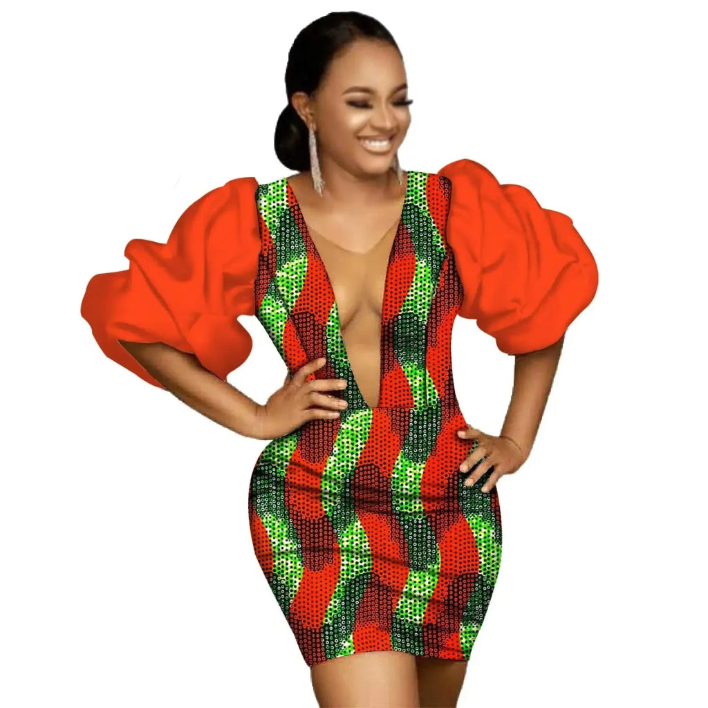 Sexy African Print Ankara Mini Dress – Deep V - Neck Flare Sleeve Plus Size Bodycon - Free Delivery Worldwide only at Flexi Africa