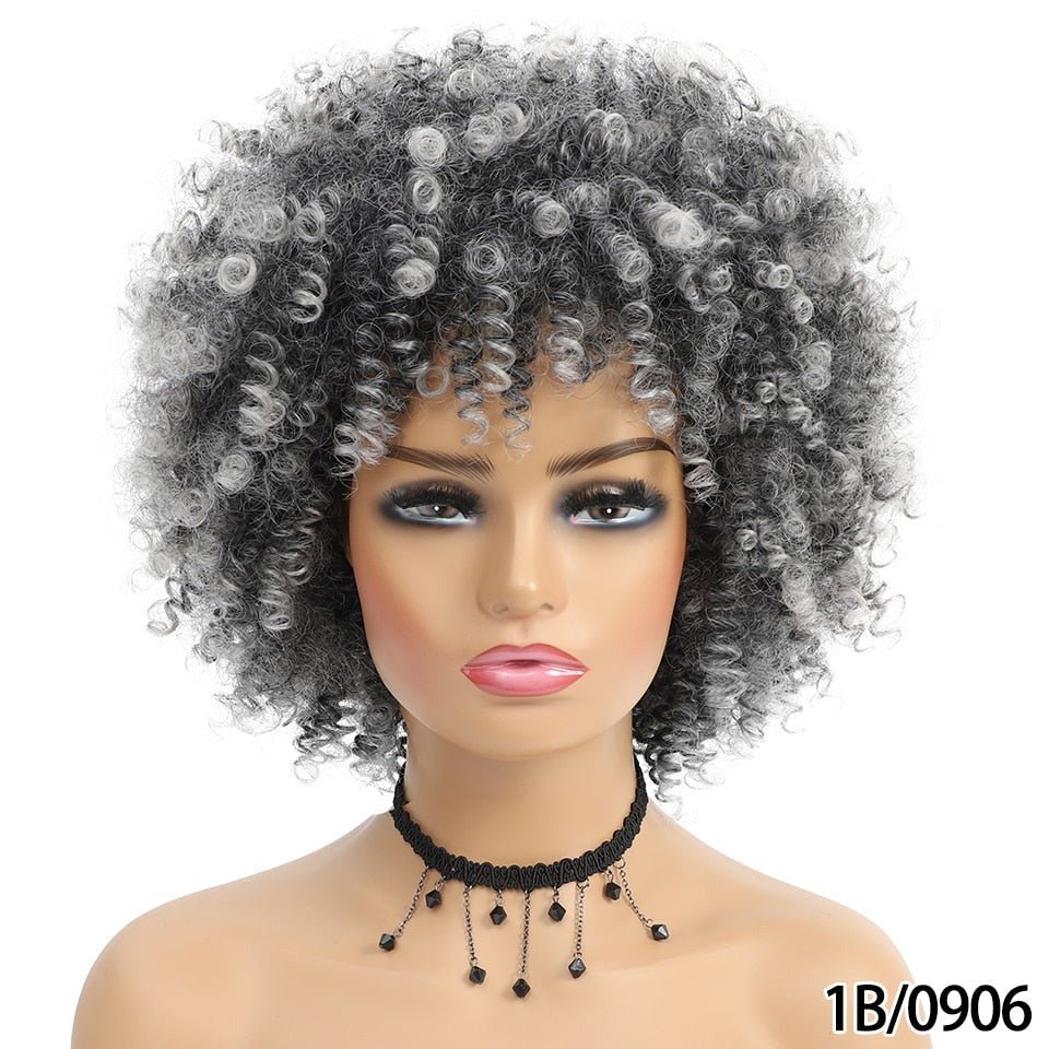Short Hair Afro Kinky Curly Synthetic Wig With Bangs - Flexi Africa - Free Delivery Worldwide only at www.flexiafrica.com