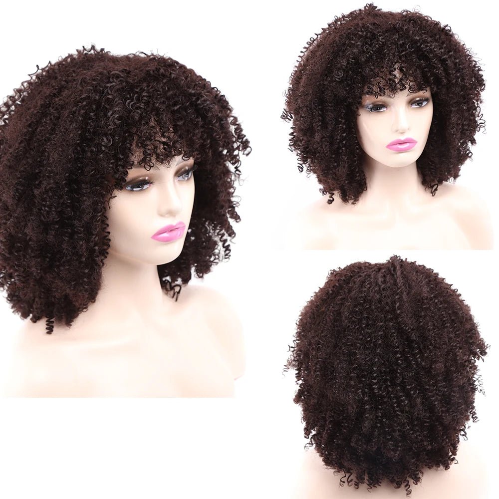 Short Hair Afro Kinky Curly Wigs Soft Curls Hair with Bangs Natural Heat Resistant Synthetic Cosplay Wigs - Flexi Africa - Free Delivery Worldwide only at www.flexiafrica.com