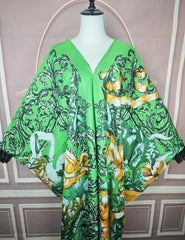 Silk Twill Kaftan Dress – Boho V - Neck Printed Abaya for Summer, Beach, and Vacation - Free Delivery Worldwide only at Flexi Africa