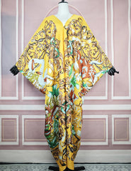 Silk Twill Kaftan Dress – Boho V - Neck Printed Abaya for Summer, Beach, and Vacation - Free Delivery Worldwide only at Flexi Africa