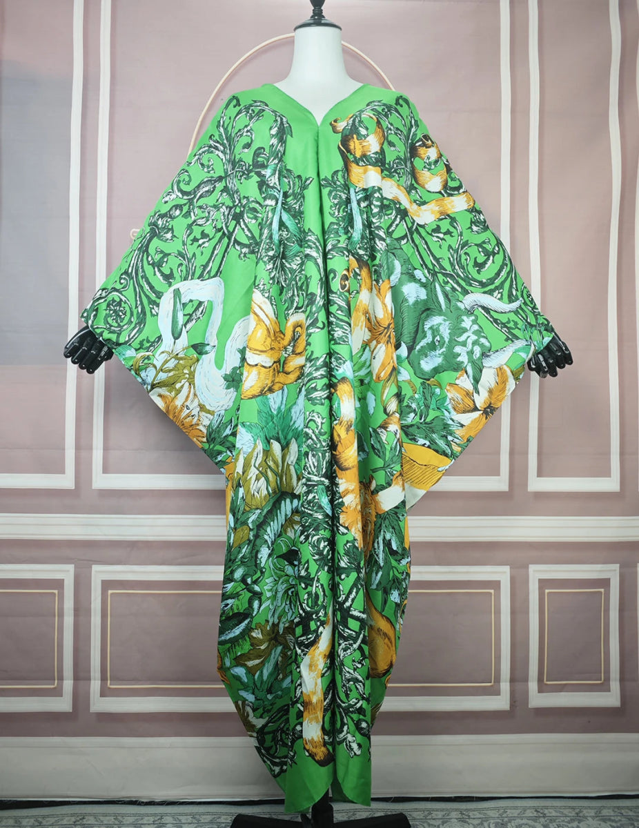 Silk Twill Kaftan Dress – Boho V - Neck Printed Abaya for Summer, Beach, and Vacation - Free Delivery Worldwide only at Flexi Africa