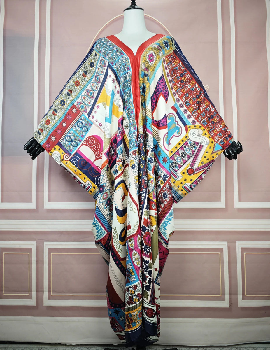 Silk Twill Kaftan Dress – Boho V - Neck Printed Abaya for Summer, Beach, and Vacation - Free Delivery Worldwide only at Flexi Africa
