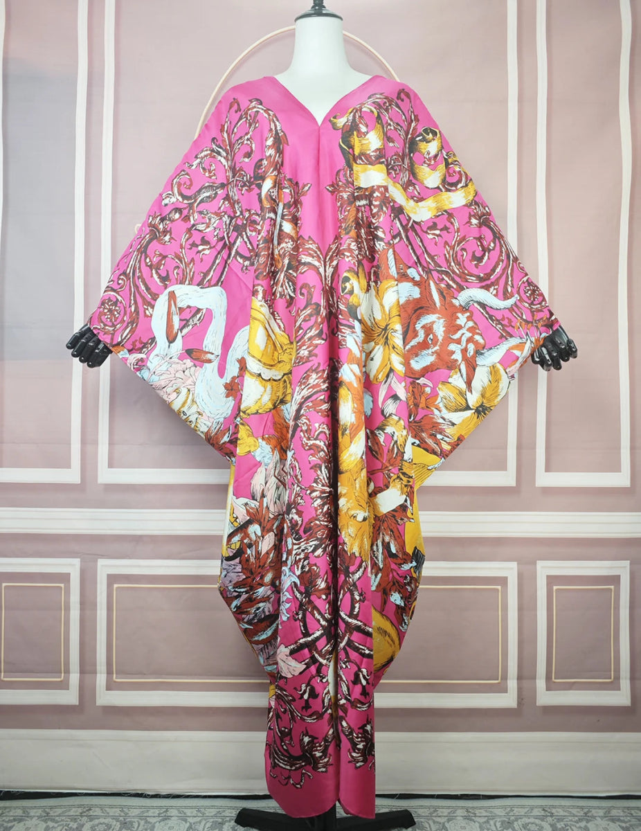 Silk Twill Kaftan Dress – Boho V - Neck Printed Abaya for Summer, Beach, and Vacation - Free Delivery Worldwide only at Flexi Africa
