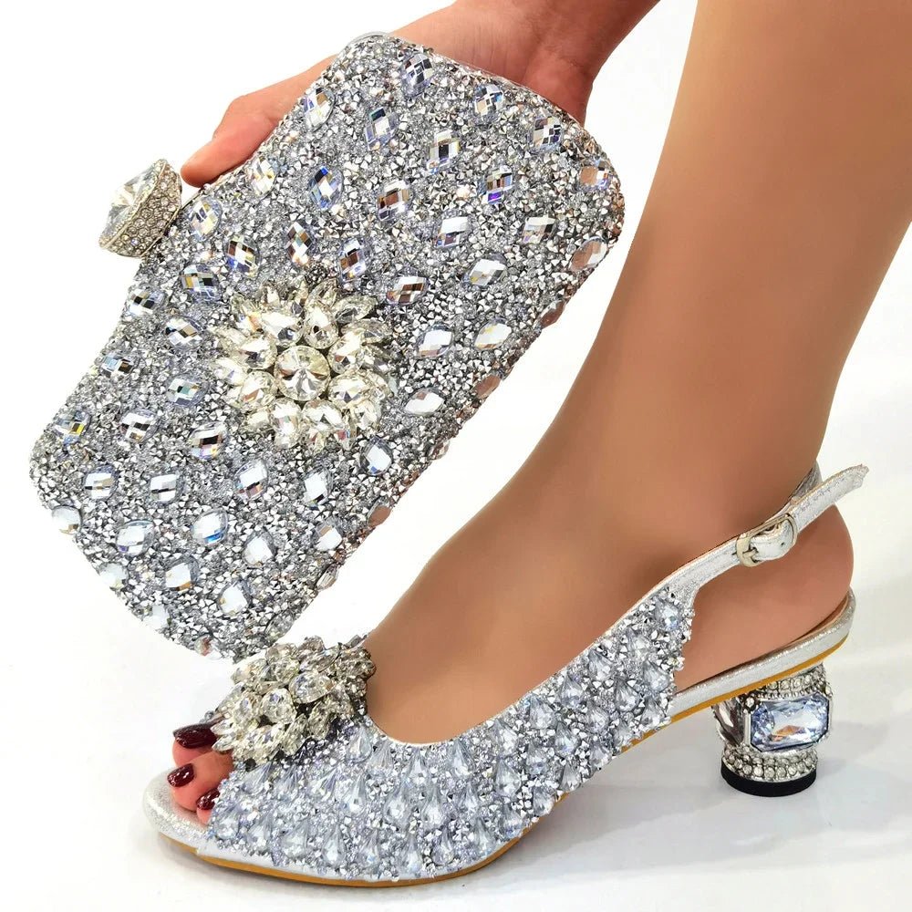 Silver Nigerian Women’s Shoes and Bag Set – Elegant African Fashion Wedding & Party Matching Set - Free Delivery Worldwide only at Flexi Africa