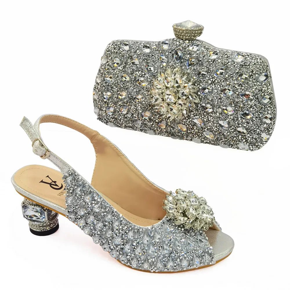 Silver Nigerian Women’s Shoes and Bag Set – Elegant African Fashion Wedding & Party Matching Set - Free Delivery Worldwide only at Flexi Africa