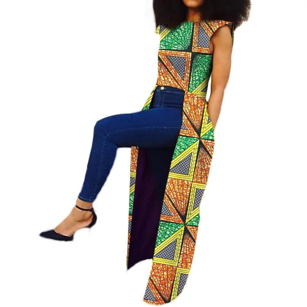 Sleeveless African Women's Long Back Coat: Ankle-Length Pure Wax Cotton, Plus Size - Flexi Africa - www.flexiafrica.com